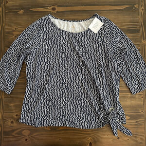 Belle by Kim Gravel Navy White Patterned 3/4 Sleeve Tee XL grommet Tie Hem